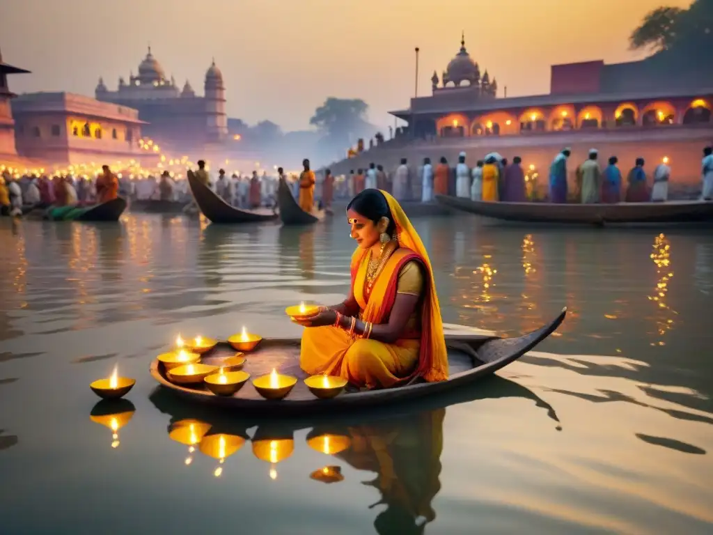 Devotos realizando rituales de purificación en el Ganges durante festival al atardecer