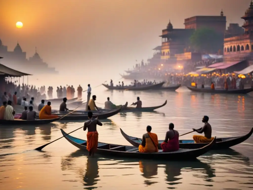 Devotos realizan rituales matutinos en el Ganges, Varanasi, India