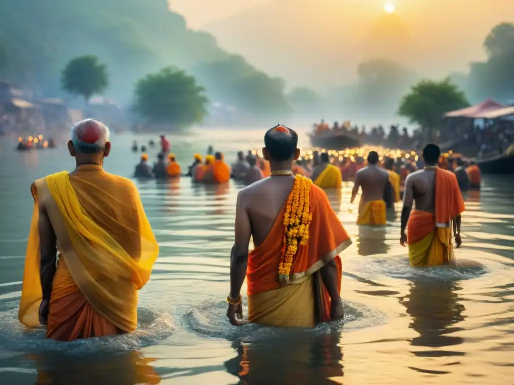 Devotos en Rituales de purificación en el Ganges al amanecer, con ofrendas de flores en el río sagrado