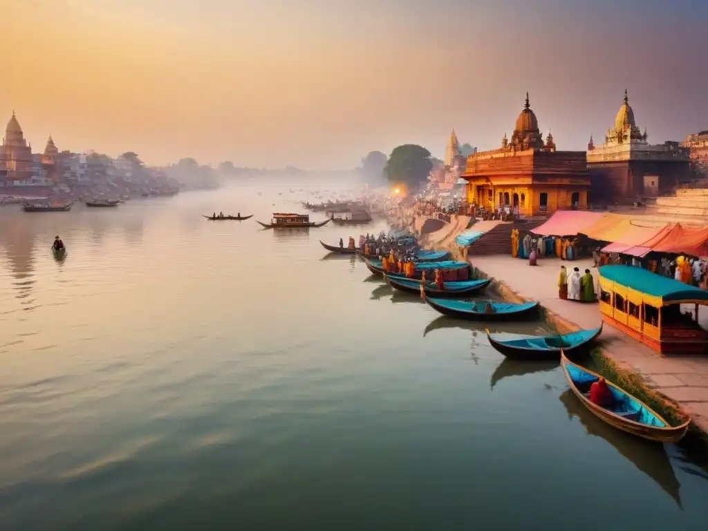 Devotos realizan rituales al amanecer en el sagrado río Ganges, Varanasi, India