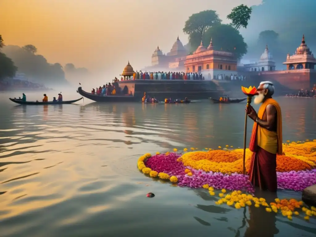 Devotos en el Ganges al amanecer en rituales de purificación