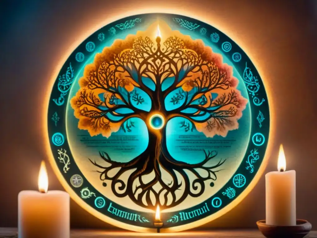 Diagrama antiguo de Árbol de la Vida de la Kabbalah en pergamino iluminado, rodeado de velas