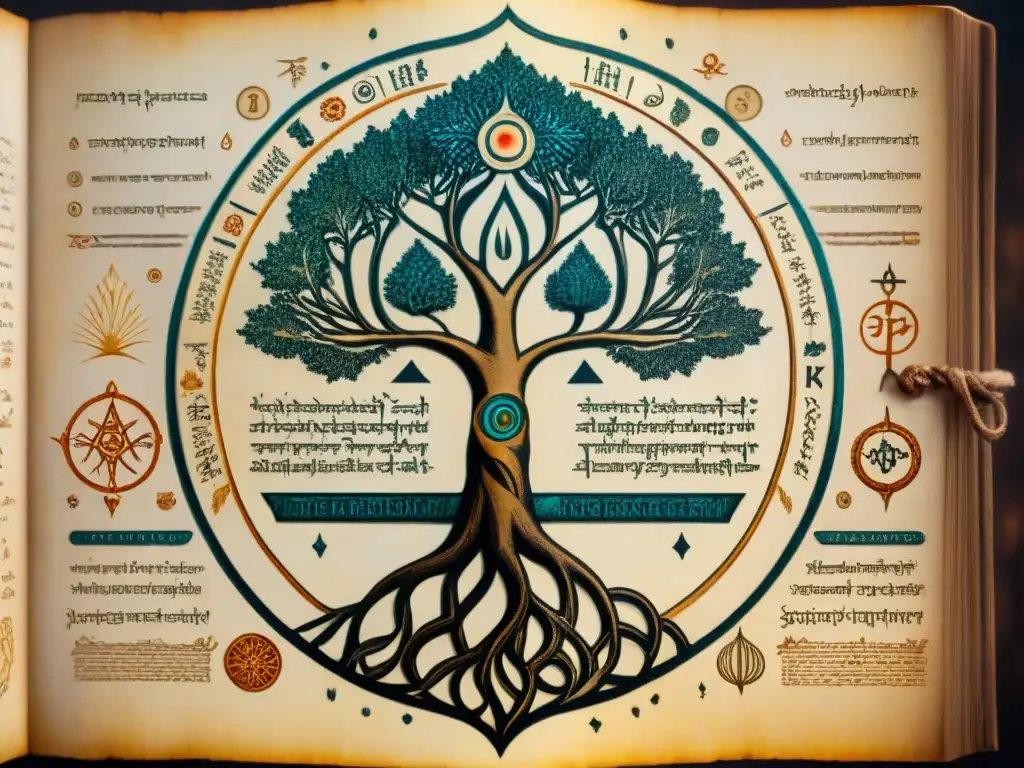 Diagrama antiguo de Árbol de la Vida Kabbalístico en pergamino, iluminado por velas