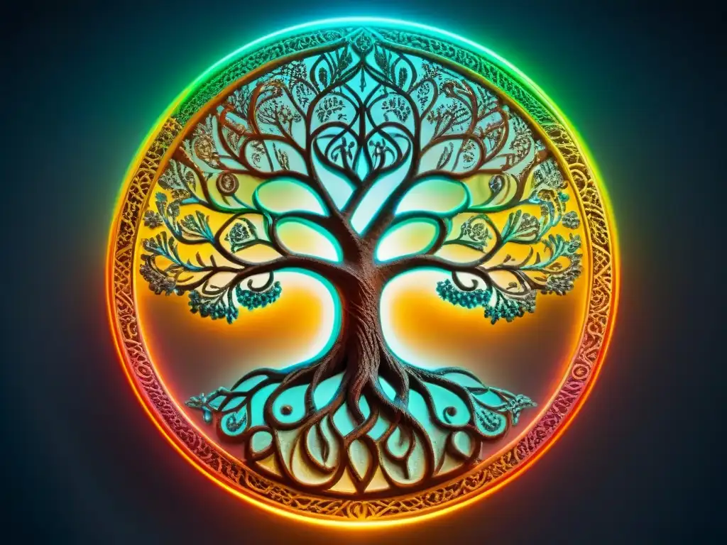 Diagrama de un árbol de la vida cabalístico, iluminado con colores neón en un fondo oscuro