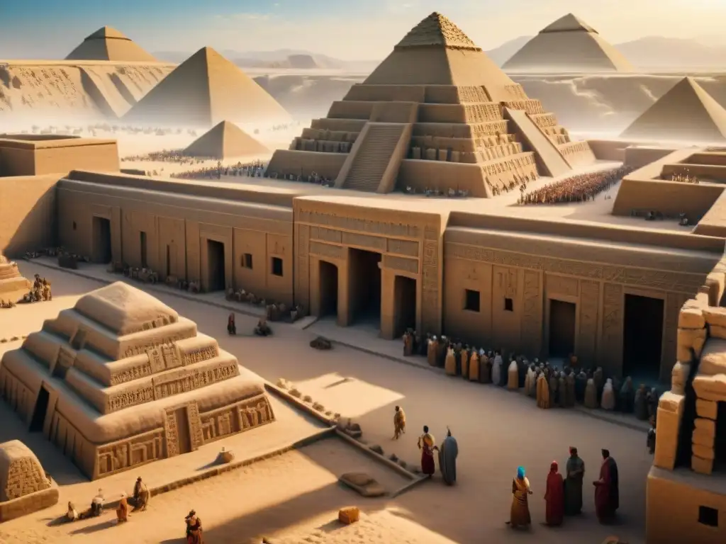 Reconstrucción digital de Sumeria: bullicioso mercado sumerio con tabletas de arcilla en intercambio, ziggurat al fondo