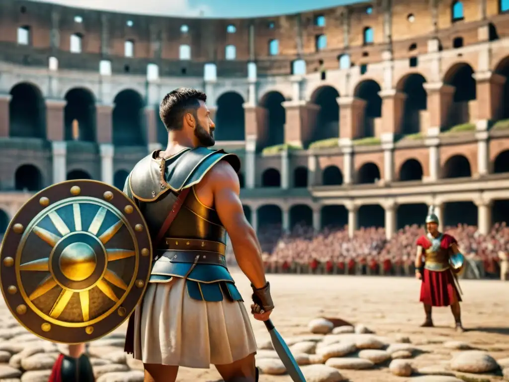 Una representación digital detallada de gladiadores en el Coliseo Romano, evocando la grandiosidad y brutalidad de los antiguos espectáculos