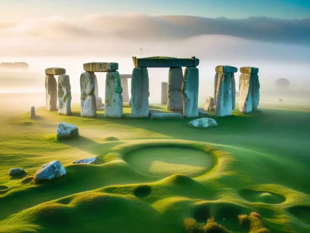 Resurrección digital de Stonehenge misterioso al amanecer, entre la niebla matutina