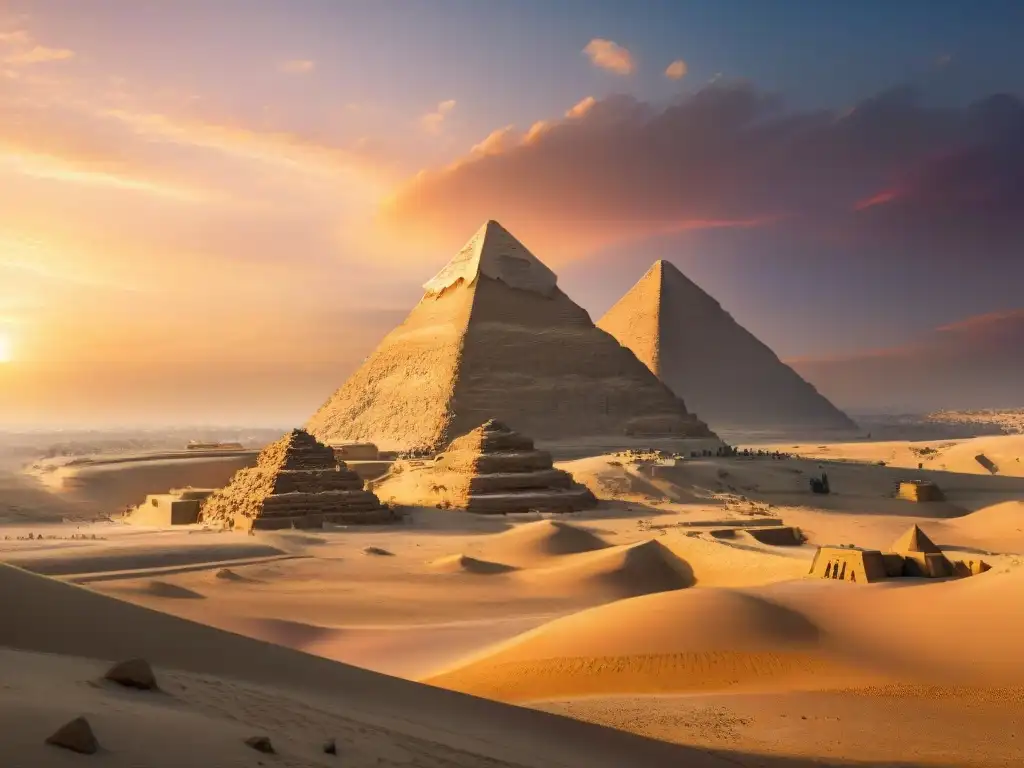 Dioses y misterios: el Gran Esfinge de Giza al amanecer, con las pirámides de fondo