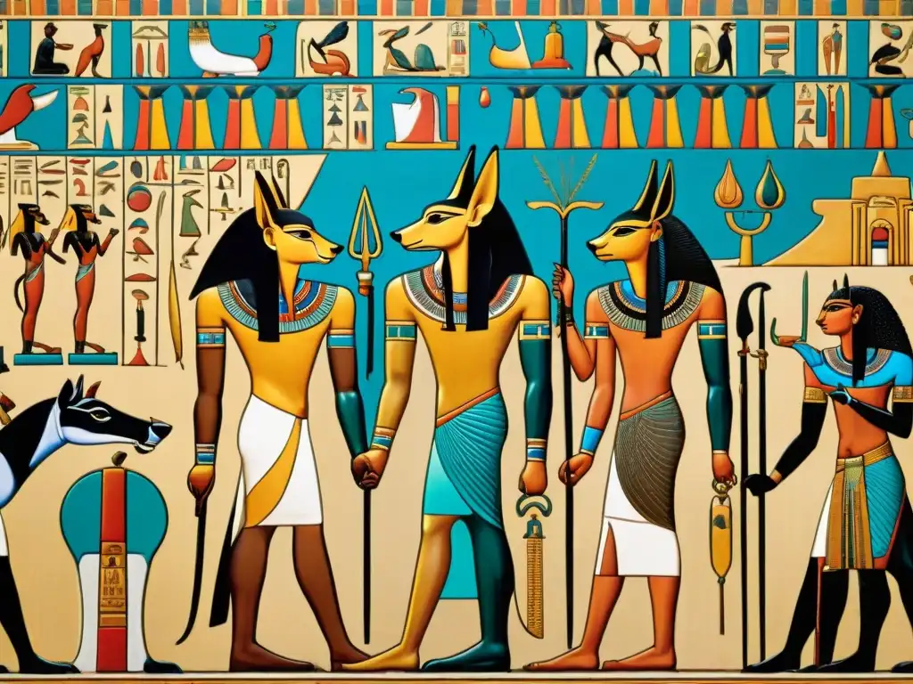 Dioses de la muerte Egipto: Mural egipcio antiguo detallado con Anubis y Osiris, colores vibrantes y jeroglíficos