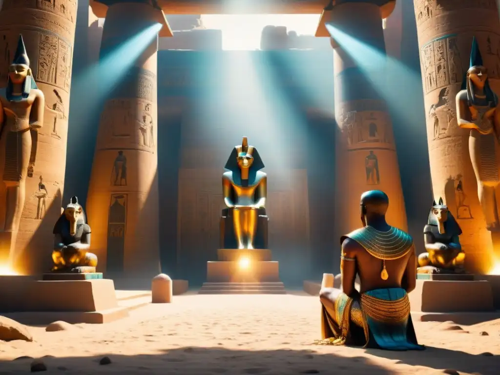 Dioses de la muerte Egipto: Templo grandioso de Anubis con estatuas imponentes y adoradores en reverencia al atardecer dorado