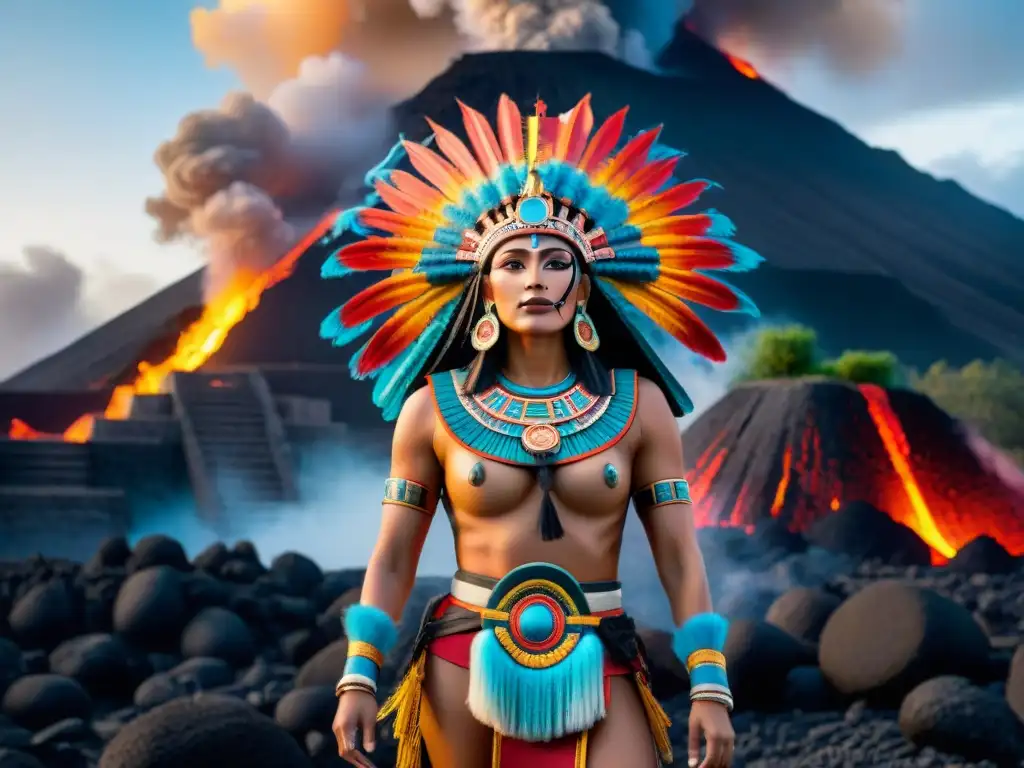 Dioses aztecas emergen de volcanes en erupción, fusionando mitología y actividad volcánica en una vibrante obra de arte