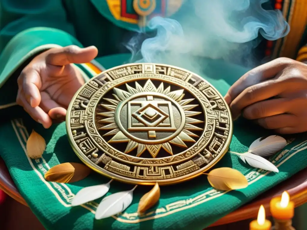 Un disco solar azteca de oro vibrante, rodeado de ofrendas de jade y plumas, con sacerdotes aztecas en un ritual ceremonial