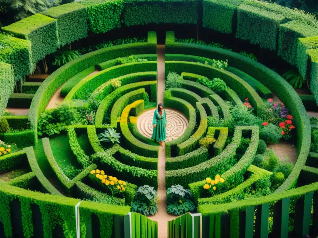 Un jardín meticulosamente diseñado con intrincados símbolos místicos incorporados en espirales, en armonía con la naturaleza