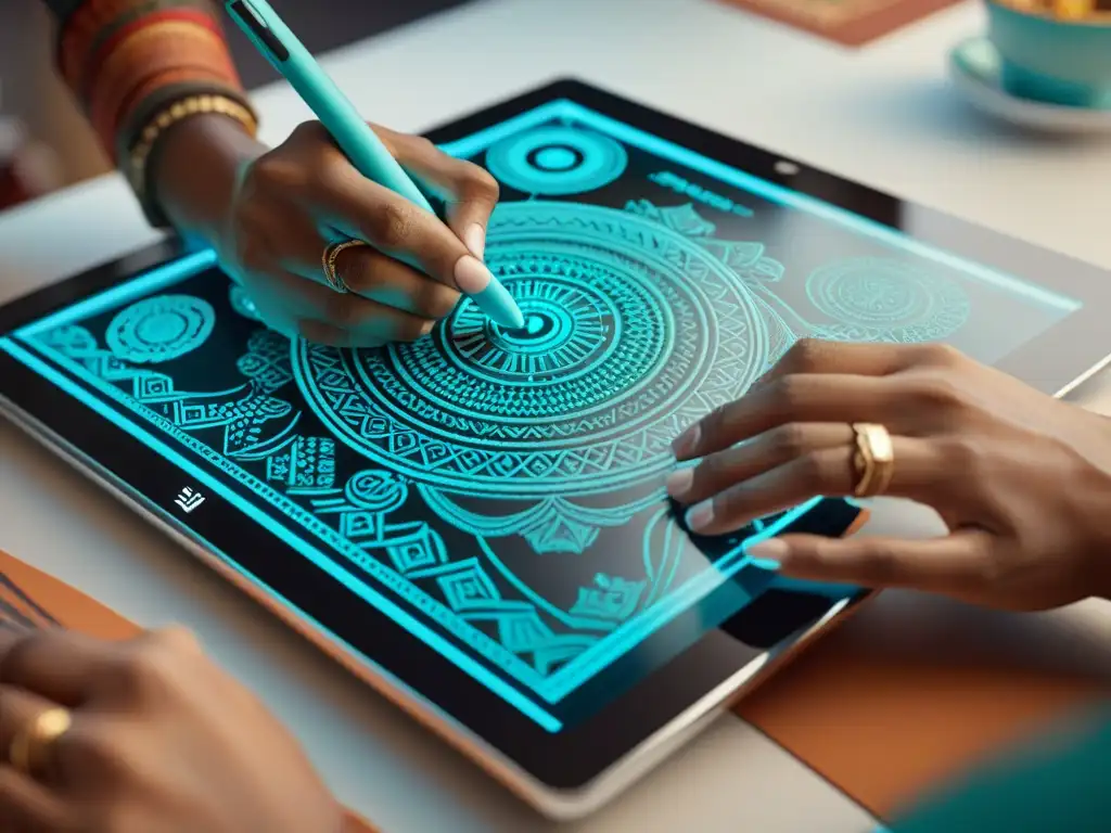 Un diseñador gráfico actual crea motivos aztecas en tablet digital, fusionando cultura antigua con técnicas modernas