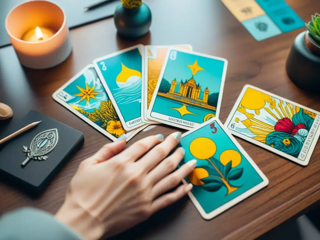 Un diseñador dispone con meticulosidad cartas del tarot en un escritorio moderno, con herramientas de diseño