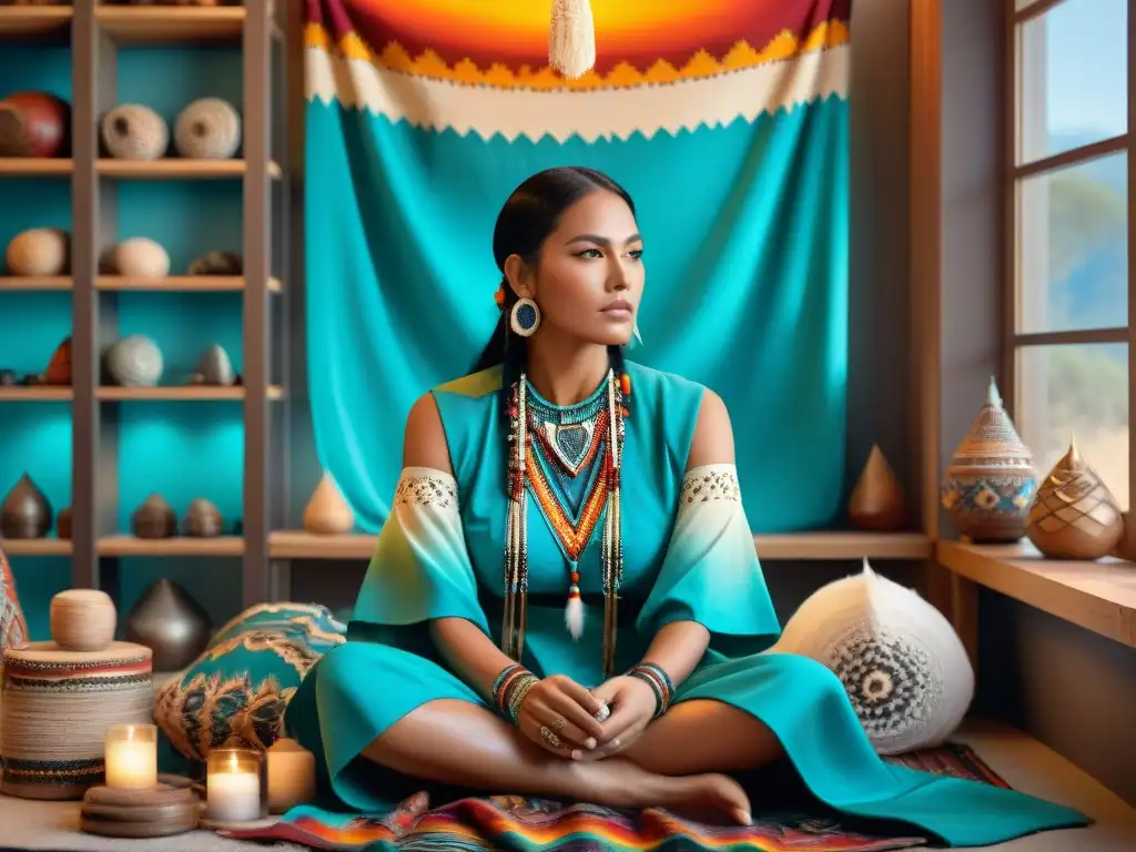 Un diseñador de moda nativo americano cose un vestido tradicional con símbolos de armonía y conexión espiritual