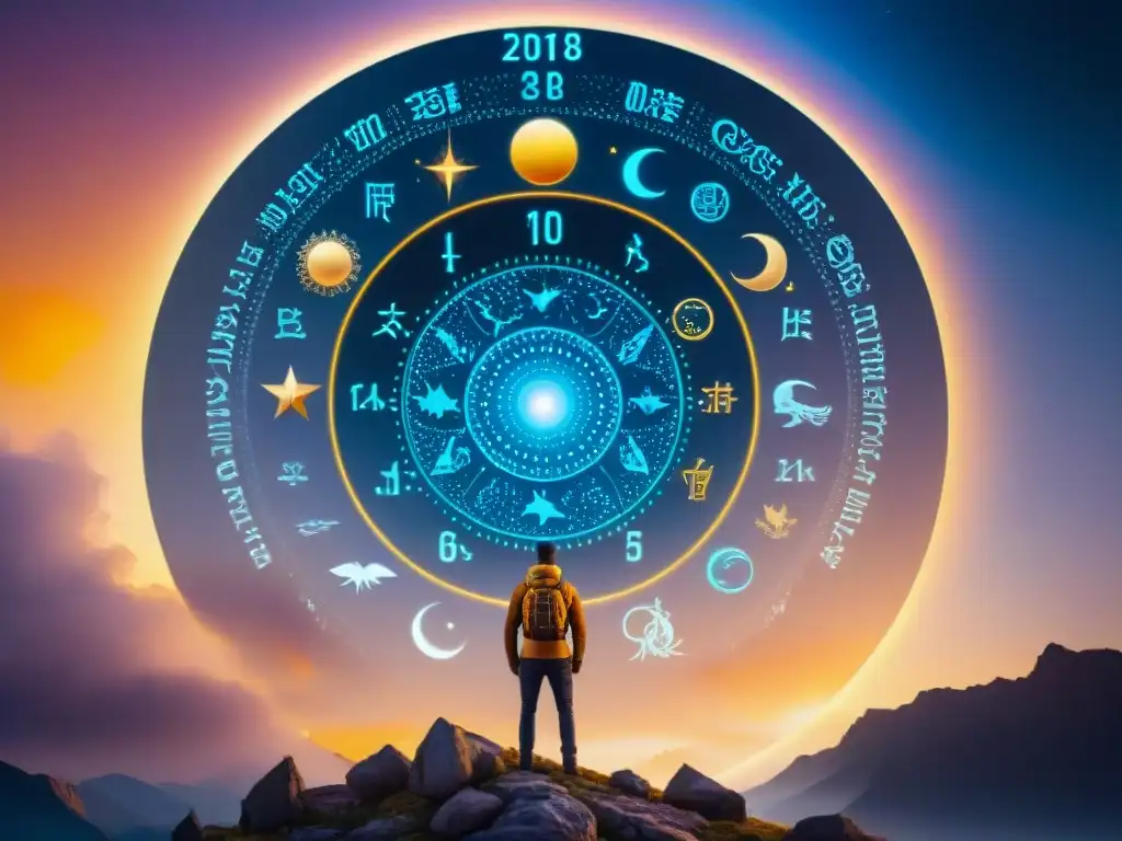 Un diseño detallado con los doce signos zodiacales en un patrón circular, rodeados de constelaciones bajo un cielo estrellado