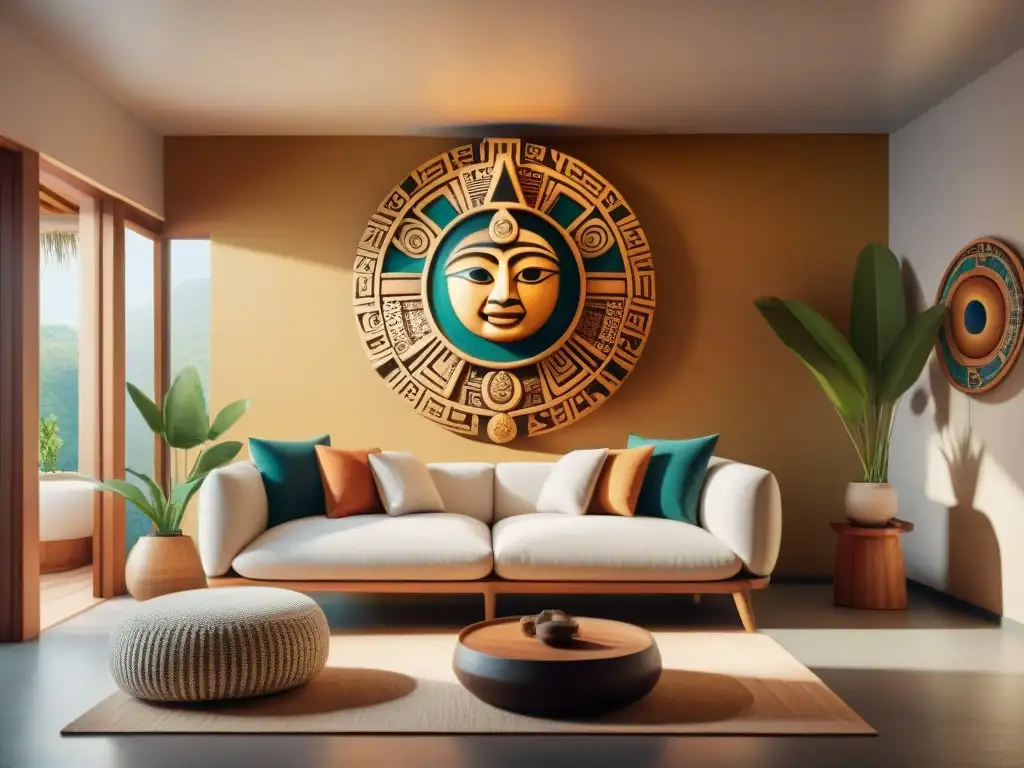 Diseño de interiores con influencias astrológicas mayas: muebles tallados, textiles vibrantes y símbolos celestiales en una sala iluminada por el sol