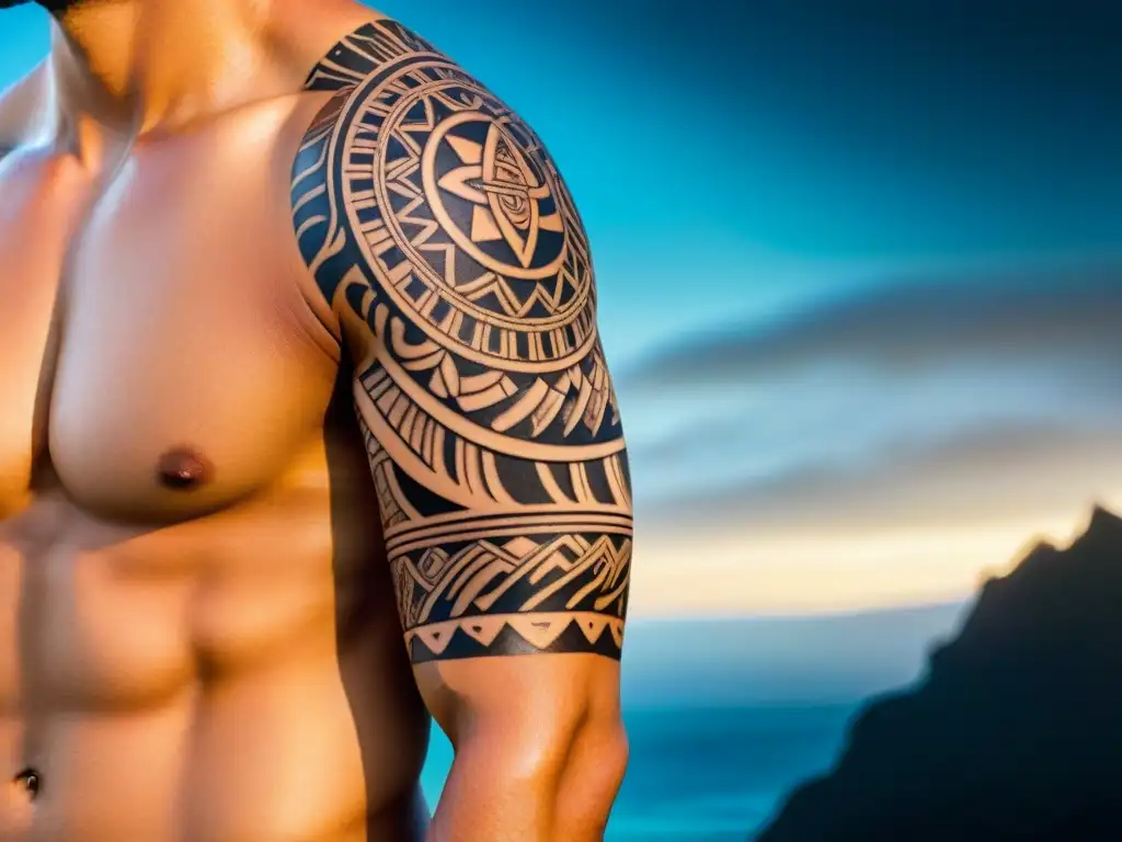 Un diseño de tatuaje polinesio moderno con significado ancestral y elementos geométricos entrelazados en el brazo