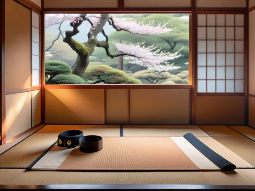 Un dojo japonés tradicional con un cerezo en flor fuera y un cinturón negro simbolizando disciplina