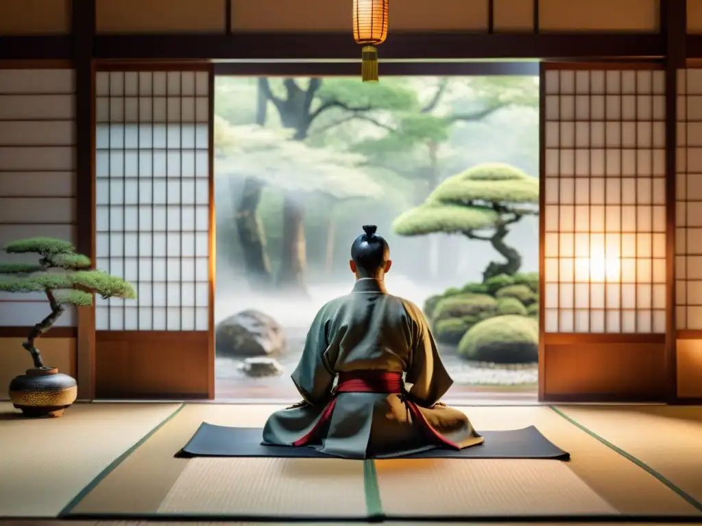 Un dojo japonés tradicional iluminado por luz natural, samuráis en meditación Zen rodeados de bonsáis