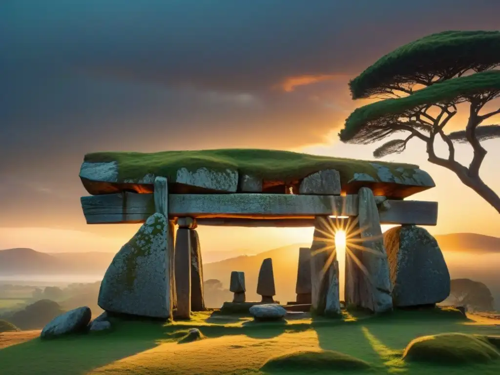 Dolmen prehistórico bajo un atardecer vibrante, revelando misterios ancestrales