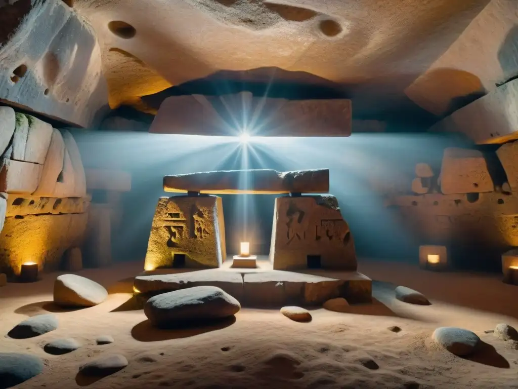 Dolmenes: Misterios prehistóricos revelados en detallada imagen 8k del interior, con tallados de piedra iluminados por un rayo de luz