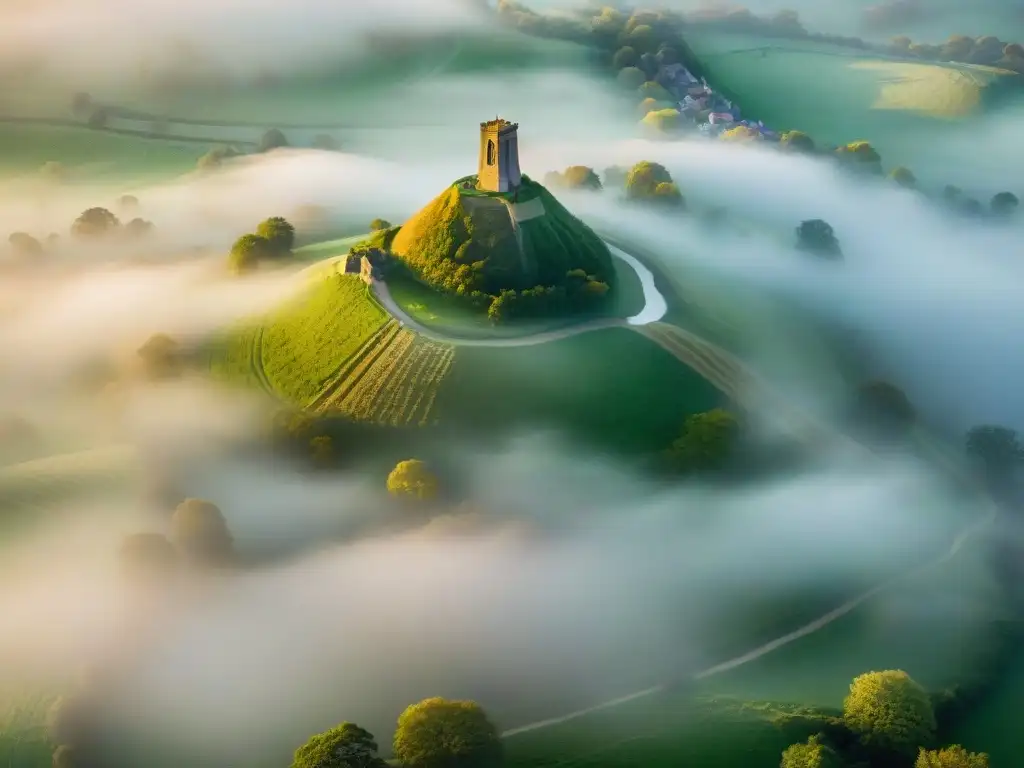 Amanecer dorado sobre la mística niebla en Glastonbury Tor, conectando con la mítica Avalon isla mítica conexión más allá