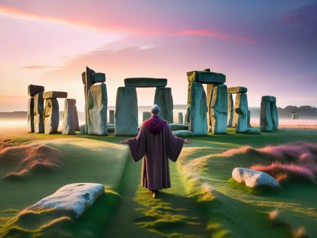 Un druida en Stonehenge al amanecer, con los misterios de los druidas antiguos