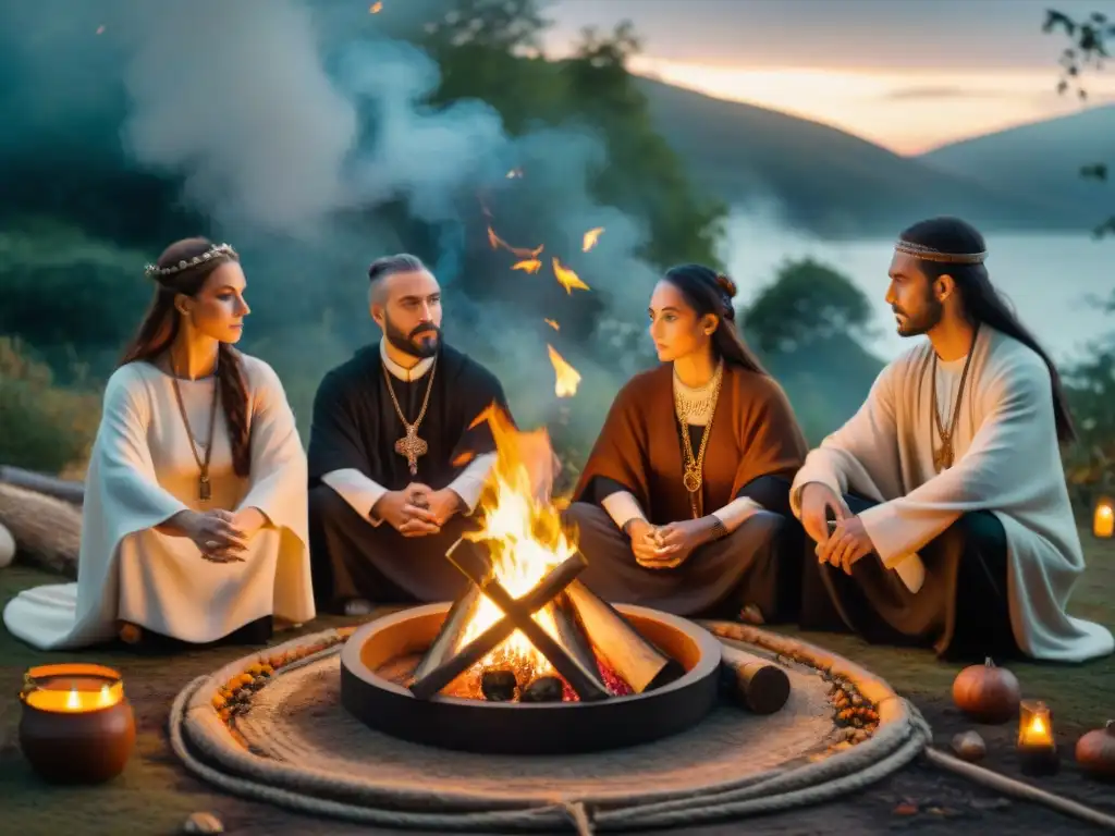 Druidas celtas en ritual de Samhain con fuego y símbolos