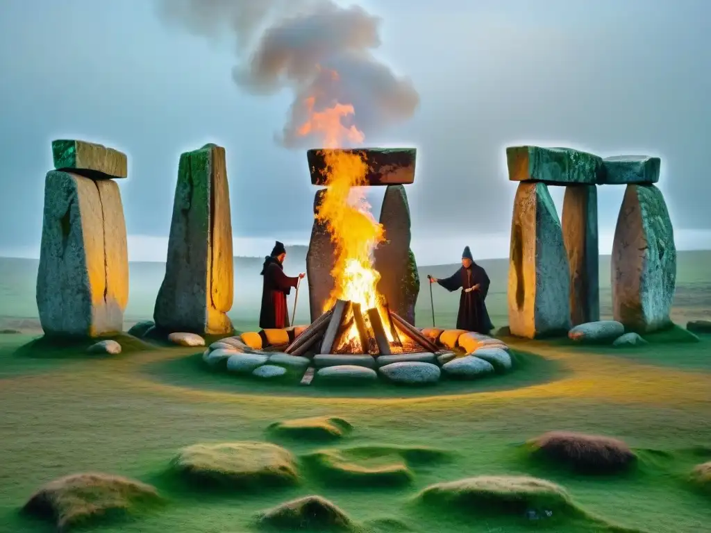 Druidas en ritual celta de Imbolc, honrando el cambio de estaciones en un sitio sagrado