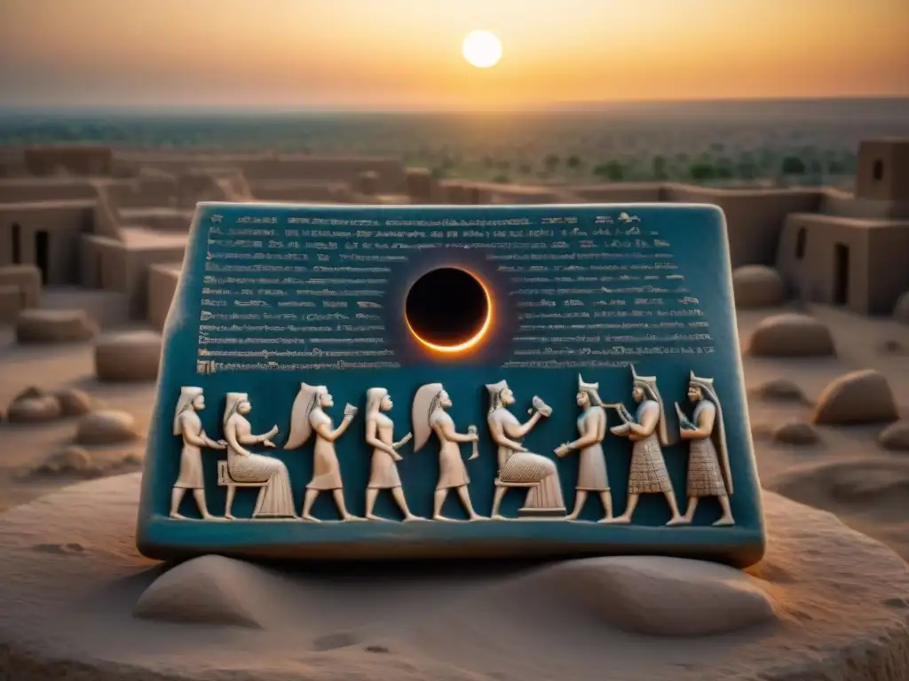 Representación de un eclipse solar en Mesopotamia antigua, mostrando la dualidad de mitologías globales en una tablilla de arcilla detallada