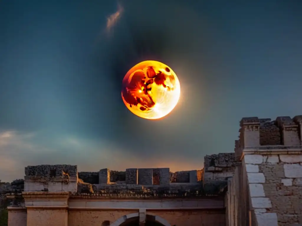 Un eclipse solar parcial sobre ruinas antiguas, fusionando eventos celestiales con creencias históricas