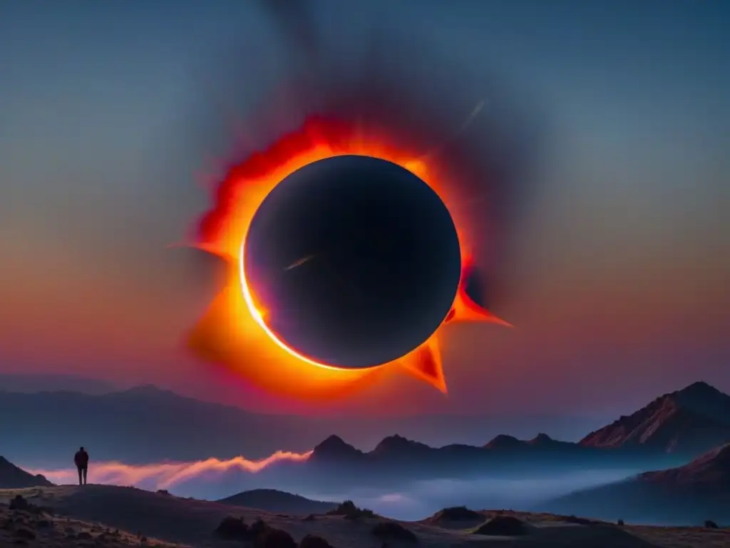 Un eclipse solar total, mostrando la corona solar y paisaje en penumbra