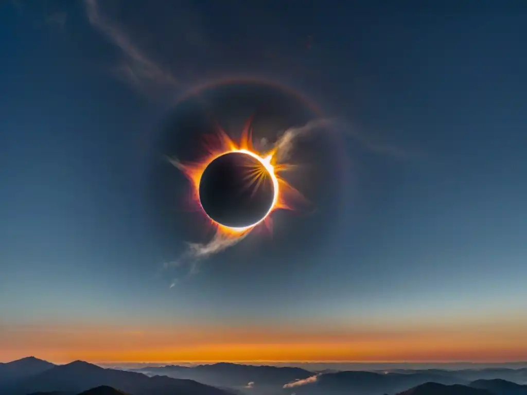 Un eclipse solar total, con la luna alineada con la corona solar, mostrando la belleza surreal del fenómeno