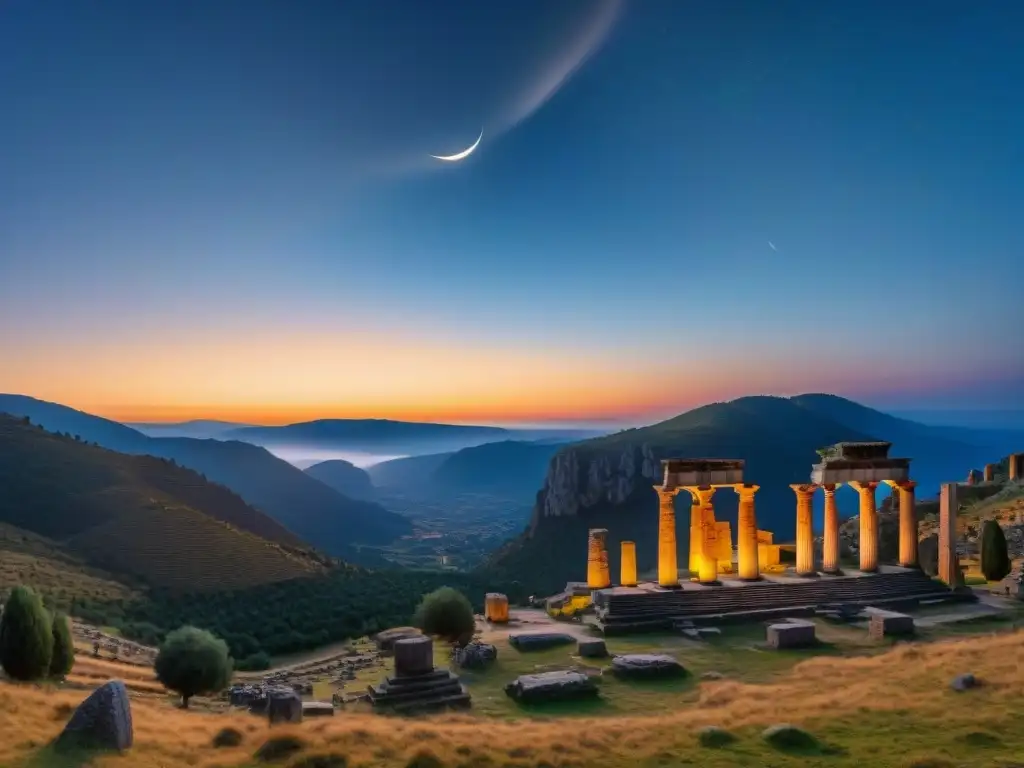 Un eclipse solar total visto desde las ruinas de Delfos, Grecia, destacando el templo de Apolo bajo una luz etérea