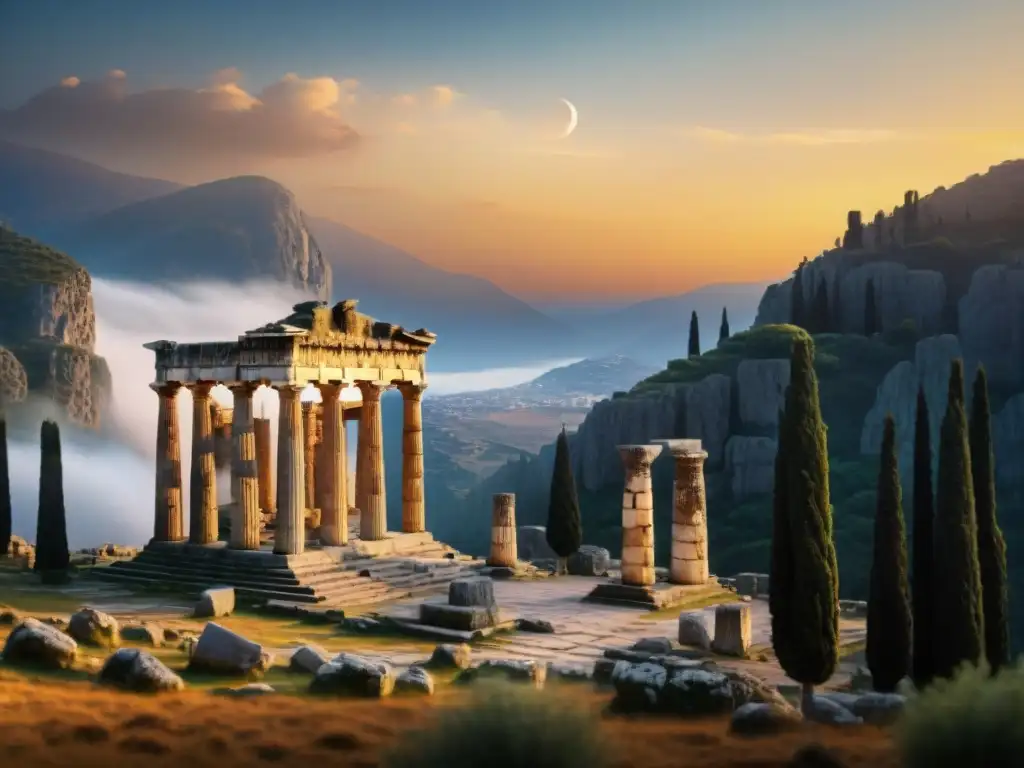 Eclipses en cosmología griega: Ruinas del Templo de Apolo en Delphi durante un eclipse solar, con figuras admirando el evento celestial