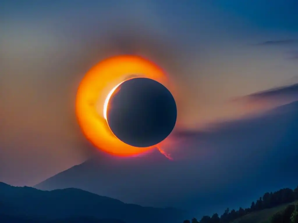 Significado eclipses energías humanidad: Eclipse solar total, el sol eclipsado por la luna con su corona brillante en un paisaje remoto y místico