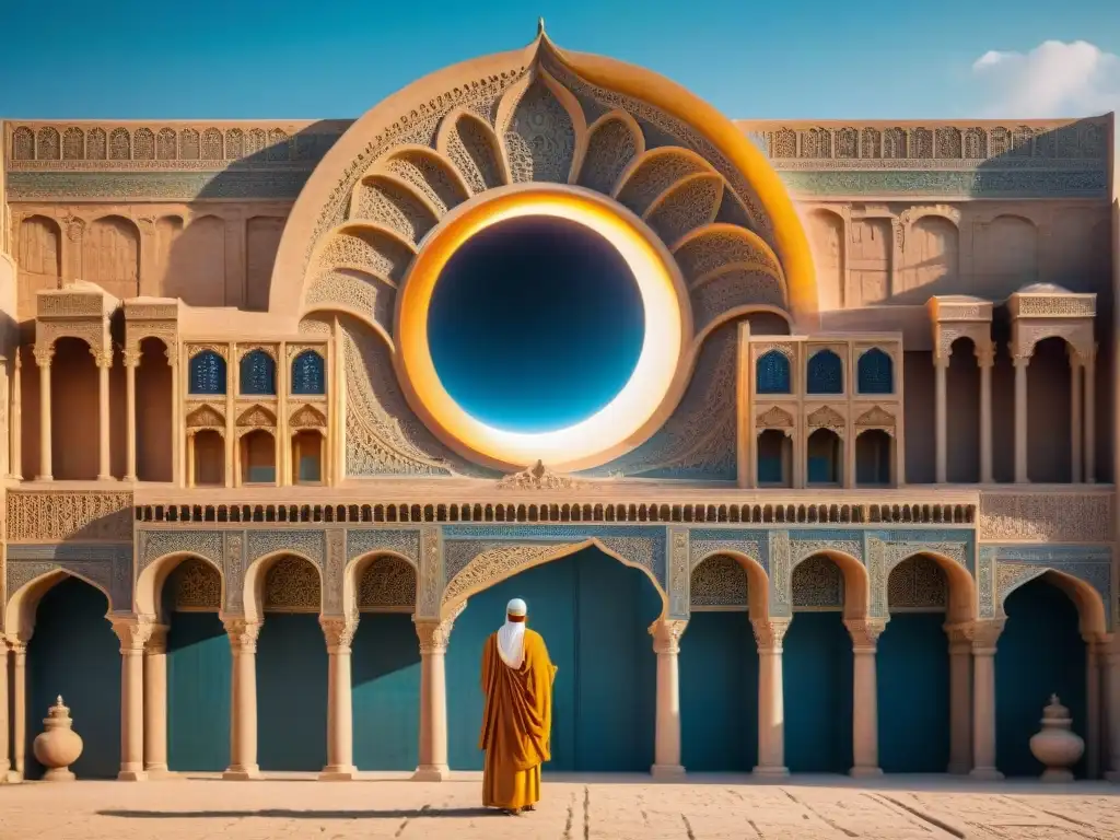 Relieve persa: eclipse solar en la antigua ciudad Eclipses en la Persia antigua: Detallado relieve persa de un eclipse solar en una ciudad antigua