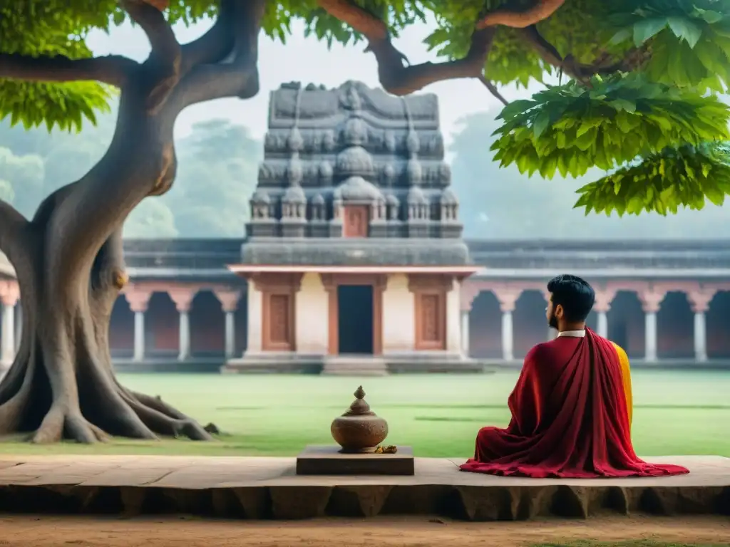 Formación educativa en India antigua: Estudiantes y maestro debatiendo bajo un árbol Bodhi en un entorno académico sereno