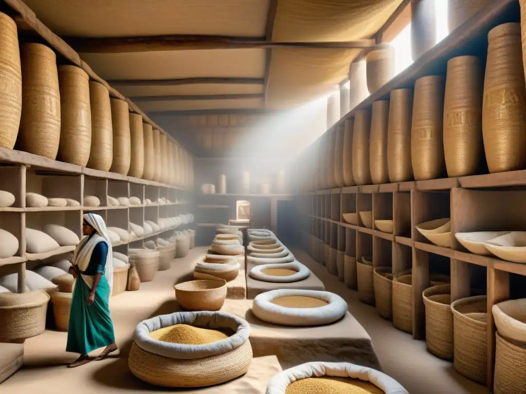 Almacén egipcio con cestas de grano, obreros y jeroglíficos