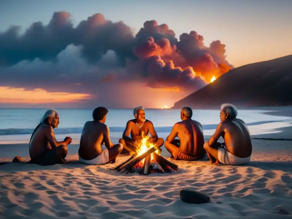 Elders de tribus oceánicas junto a fogata, compartiendo historias de eclipses