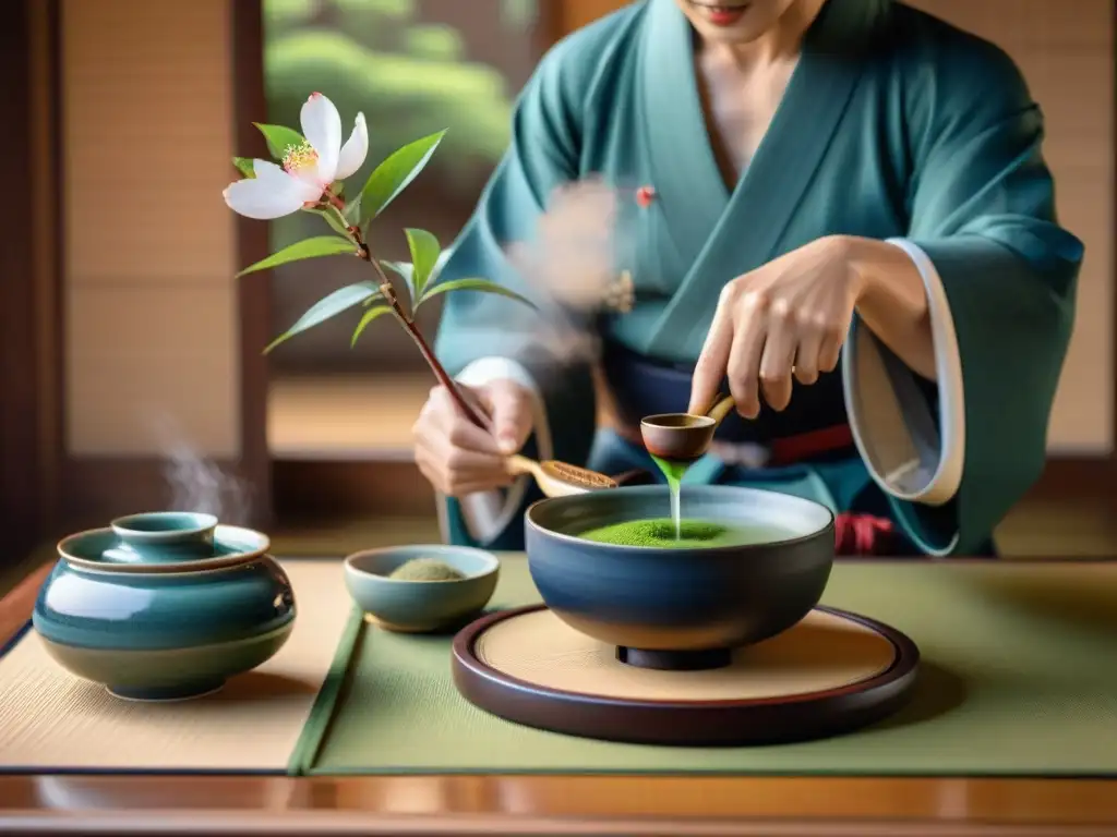 La elegancia de una ceremonia del té japonés en una sala serena con estética japonesa en el cine