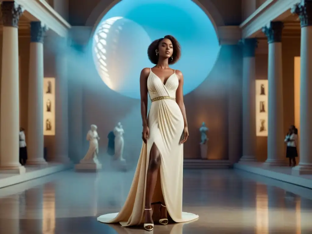 Elegancia contemporánea en una sesión de fotos de moda en el museo de Venus, fusionando la antigua belleza con tendencias actuales