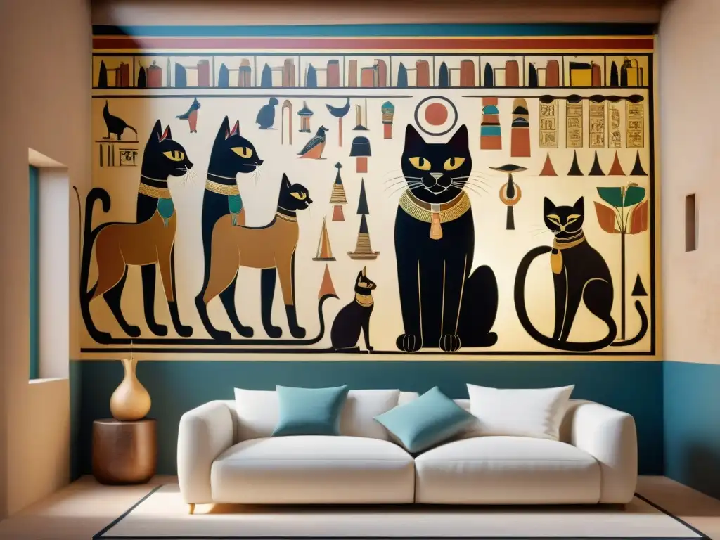 Elegancia felina en Antiguo Egipto: gatos negros reposan con regalía en ambiente lujoso y soleado