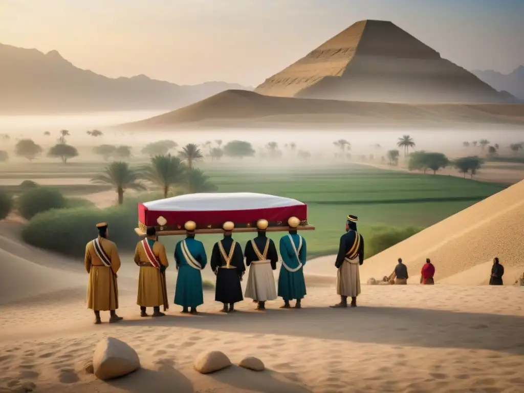 Una emotiva escena de ritos funerarios Mesopotamia más allá, con vestimenta y ceremonias antiguas en un paisaje ancestral