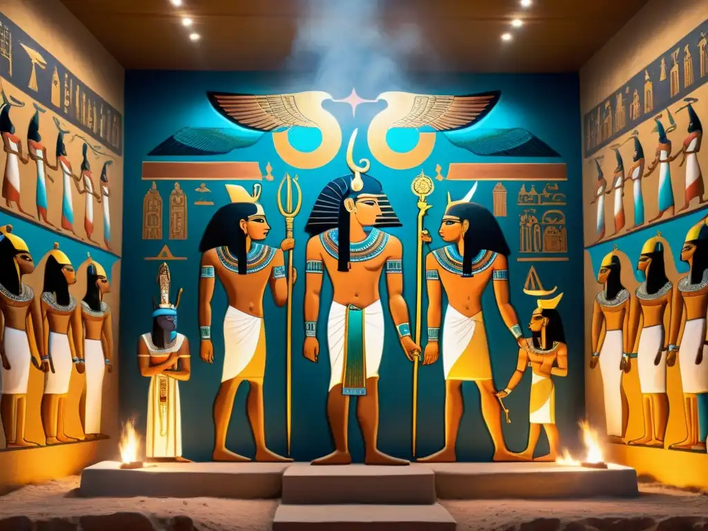 Emotivo mural de la resurrección de Osiris en un templo egipcio, revelando los misterios de la civilización antigua