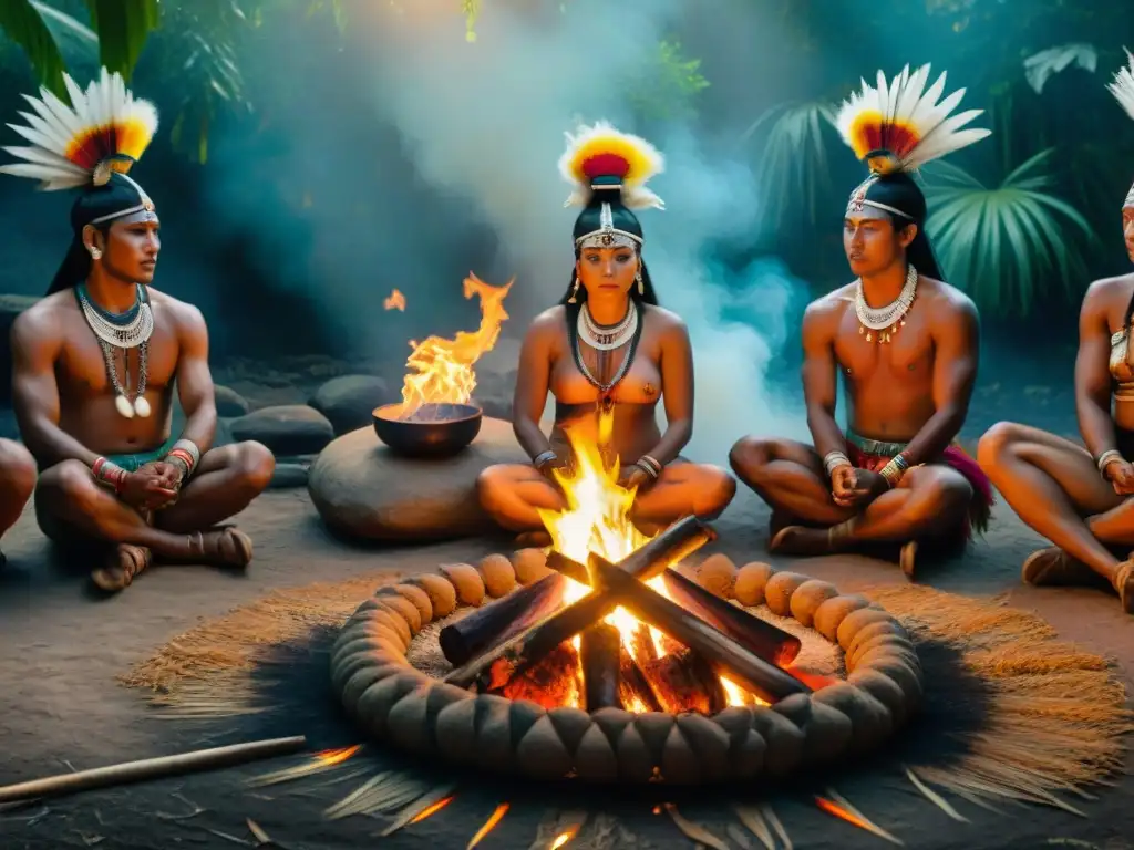 Emotivo ritual de fertilidad y sanación de una civilización amerindia, con danzas y colores vibrantes alrededor del fuego sagrado en la selva