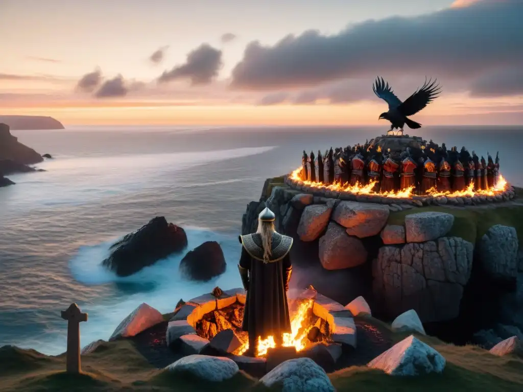 Emotivo ritual funerario vikingo en acantilado al atardecer