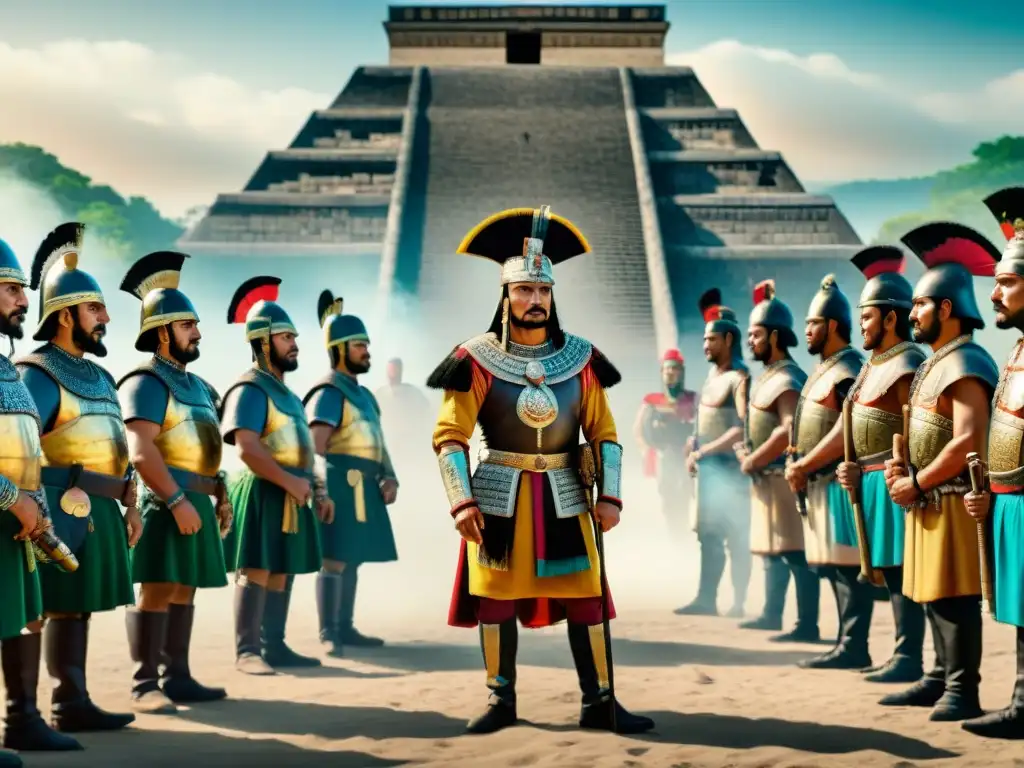 Encuentro entre Hernán Cortés y Moctezuma II en Tenochtitlán, reflejando la Conquista de Mesoamérica leyenda negra